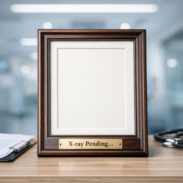 Empty picture frame with “X-ray Pending…” nameplate, symbolising NHS Subject Access Request failings and delay