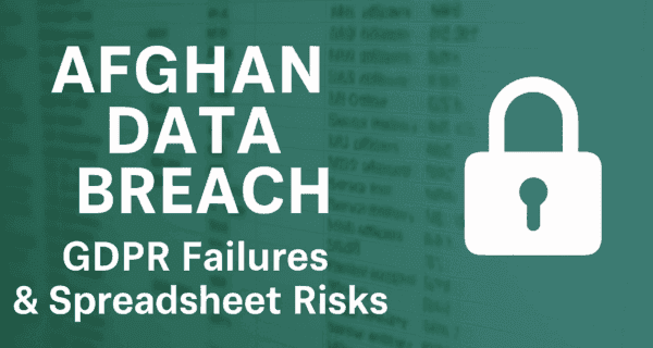 Illustration of data breach with lock icon and spreadsheet background.