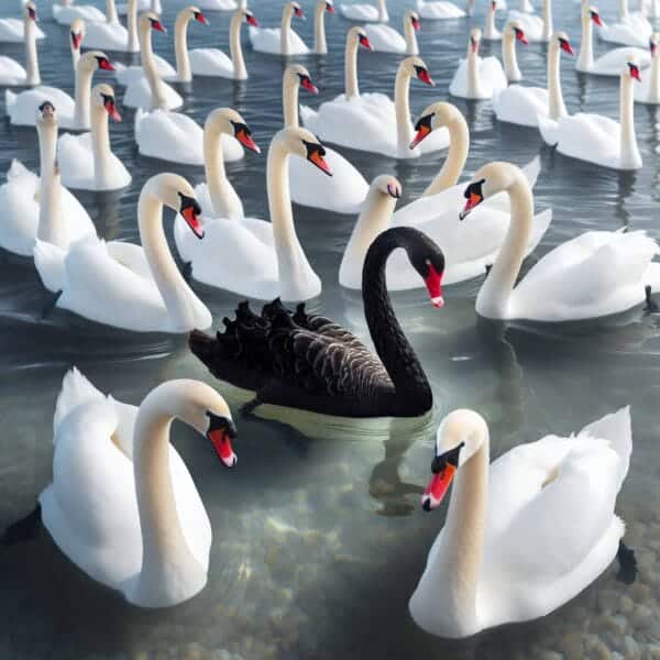 Black swan surrounded by white swans in a lake.