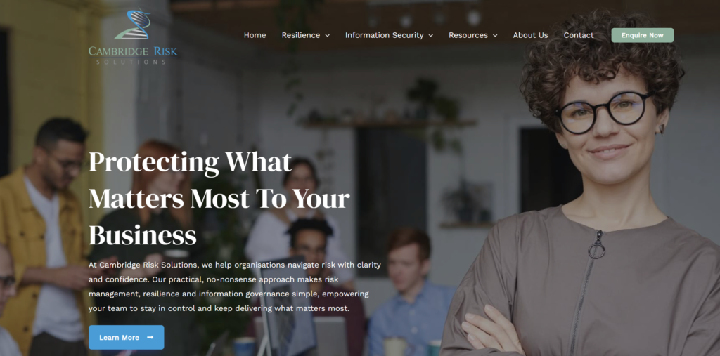 The newly launched Cambridge Risk Solutions website homepage, showing the headline 'Protecting What Matters Most To Your Business
