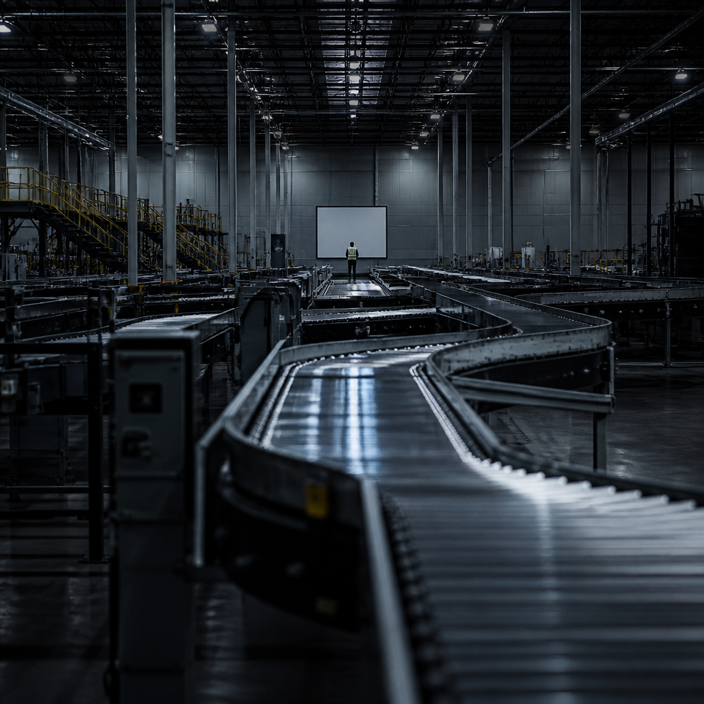 Empty distribution warehouse with idle conveyor belt and lone worker facing a blank screen — illustrating the operational impact of a cyber incident