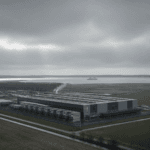Aerial view of a large data centre on a flat Dutch landscape, a faint wisp of smoke rising from the building, a ferry visible on the water in the distance