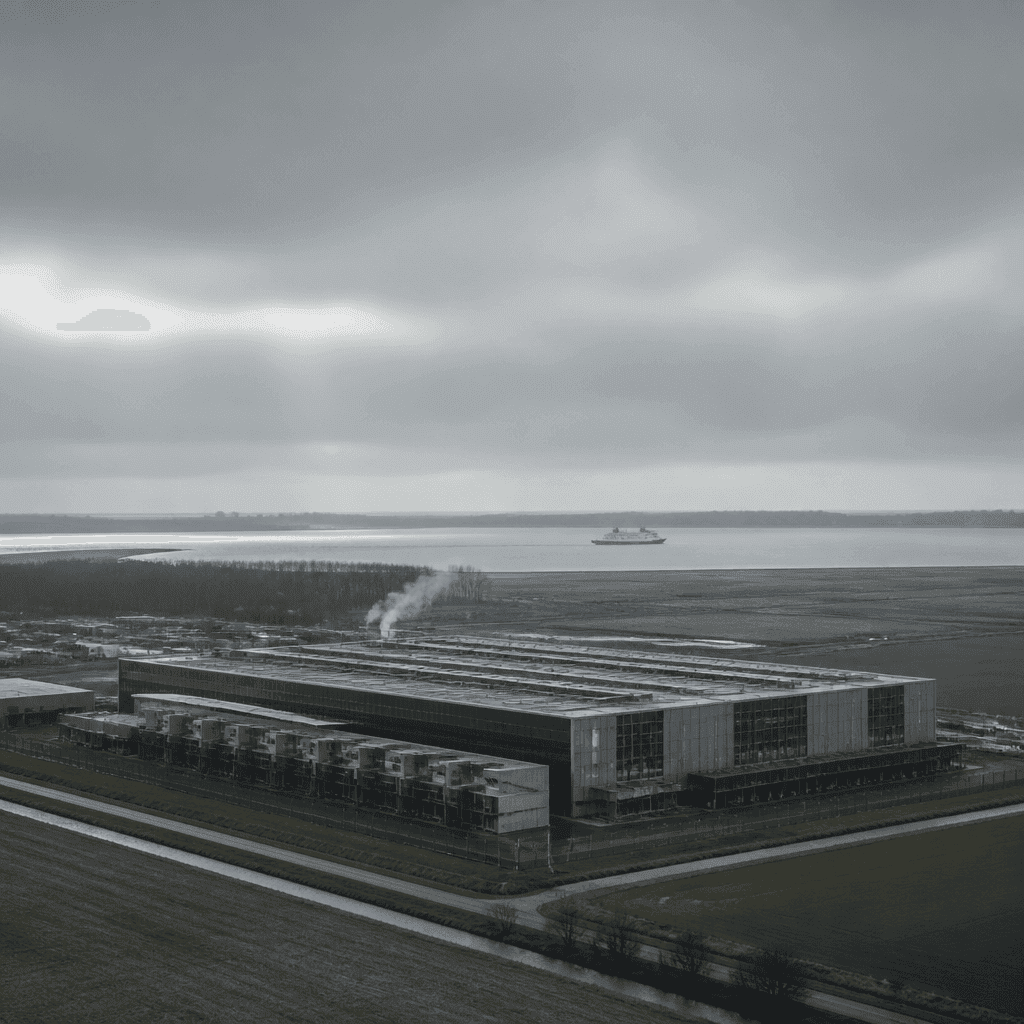 Aerial view of a large data centre on a flat Dutch landscape, a faint wisp of smoke rising from the building, a ferry visible on the water in the distance