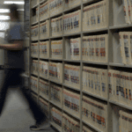 A blurred figure walks past rows of colour-coded medical records files in a hospital records room