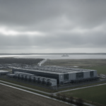 Aerial view of a large data centre on a flat Dutch landscape, a faint wisp of smoke rising from the building, a ferry visible on the water in the distance
