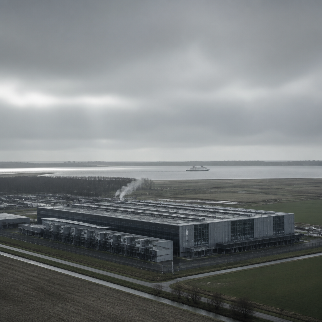 Aerial view of a large data centre on a flat Dutch landscape, a faint wisp of smoke rising from the building, a ferry visible on the water in the distance