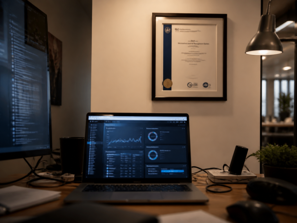 A framed certificate hanging on an office wall, slightly out of focus, with a laptop screen showing a security alert in the foreground