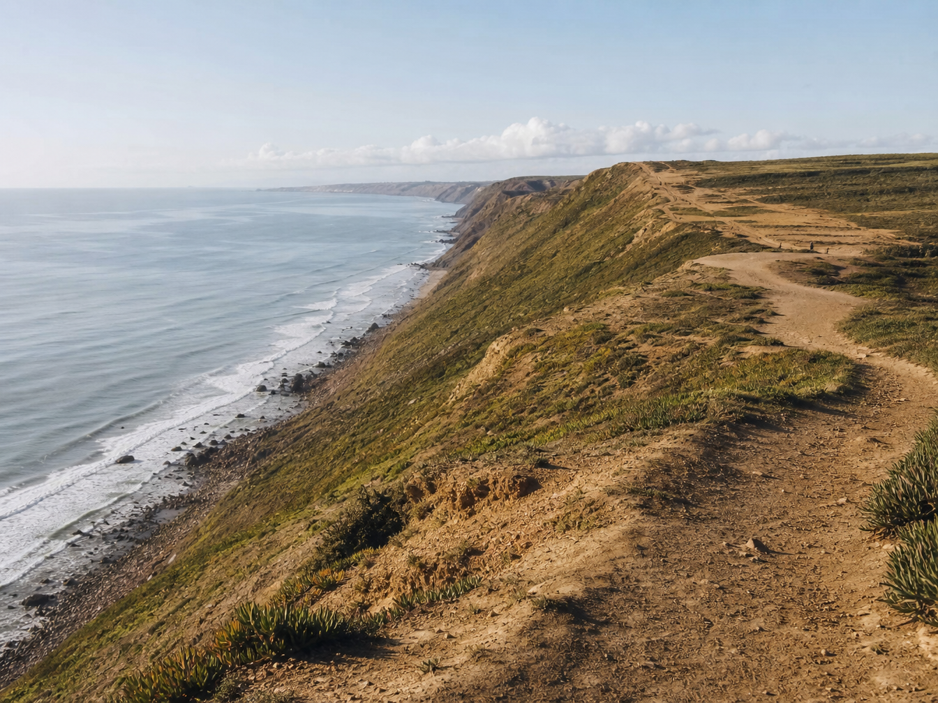 Eroding coastline path — disruption is a gradual slope, not a cliff edge