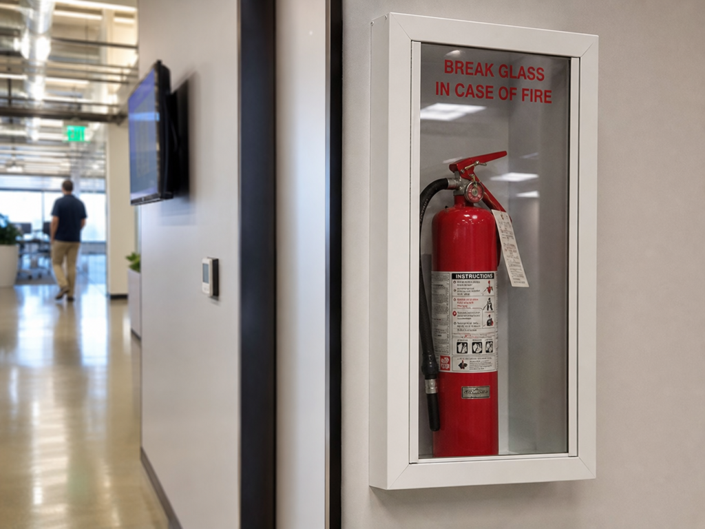 Fire extinguisher behind break glass panel in an office corridor — the emergency plan nobody reaches for