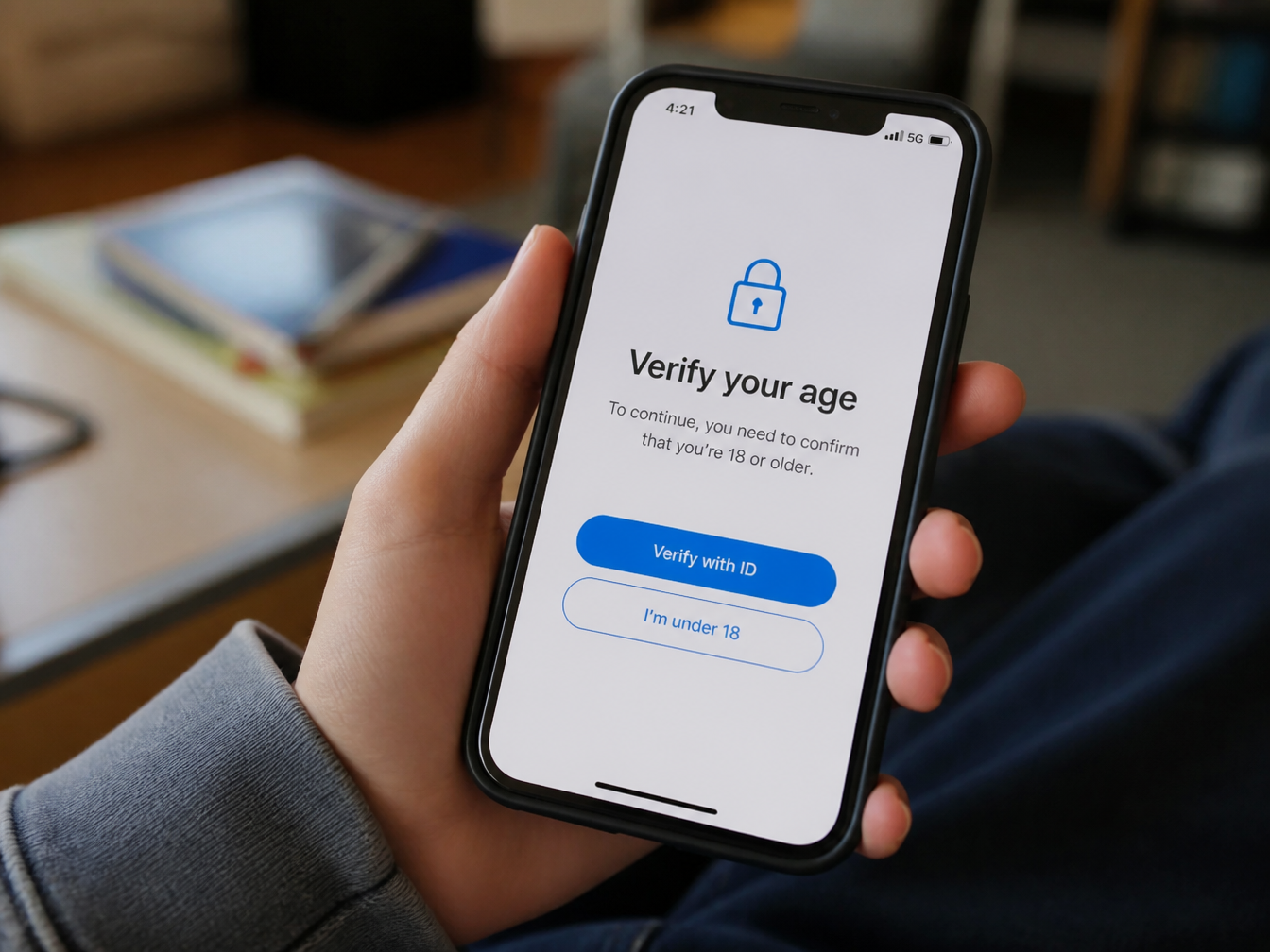 Teenager holding a smartphone displaying an age verification prompt — illustrating the data protection challenges of the UK social media ban for under-16s