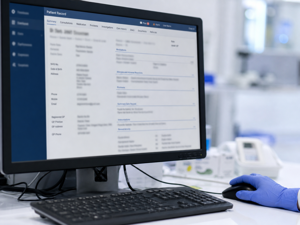 A gloved hand on a computer mouse next to a keyboard, with a patient record displayed on a hospital computer screen in the background
