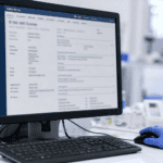 A gloved hand on a computer mouse next to a keyboard, with a patient record displayed on a hospital computer screen in the background