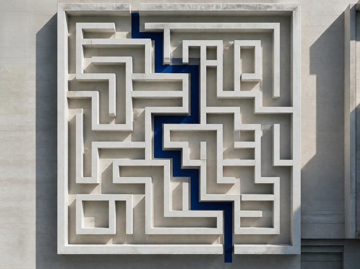 Aerial view of a stone architectural maze with a clear navy blue path marked through it, representing navigation through complex ISO standards