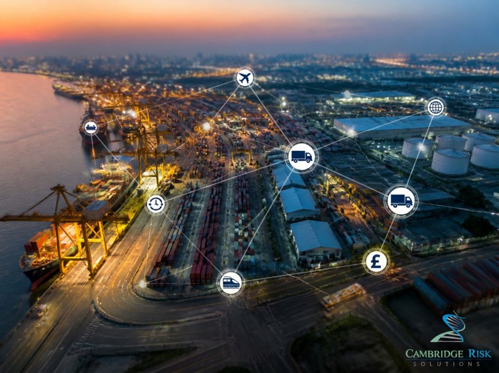 Aerial view of a port at dusk with a network of connected transport and logistics icons overlaid, illustrating supply chain interdependency.