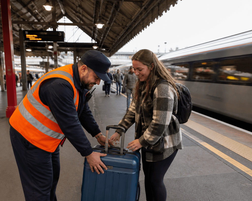 Railway staff member helping a passenger with luggage on a station platform