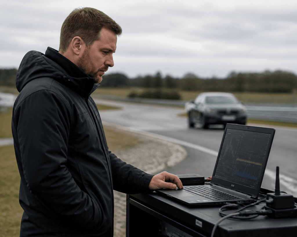Engineer monitoring live telemetry data on a laptop trackside during vehicle testing