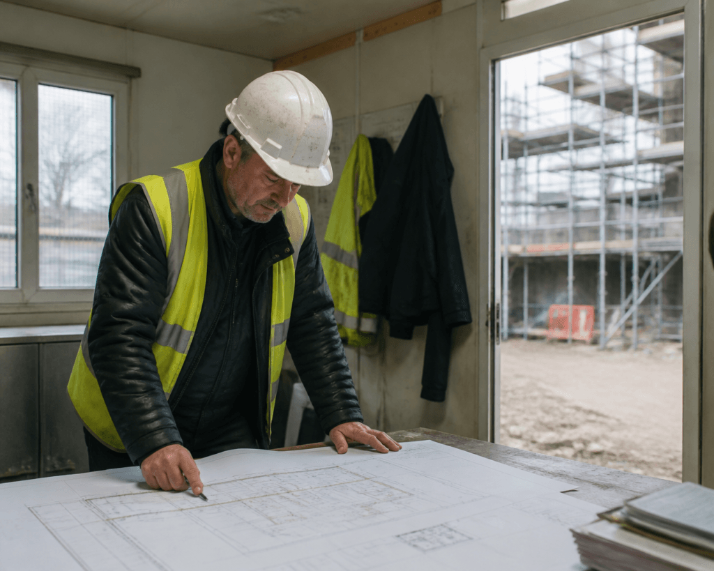 Construction site manager in hi-vis and hard hat reviewing building plans in a site office