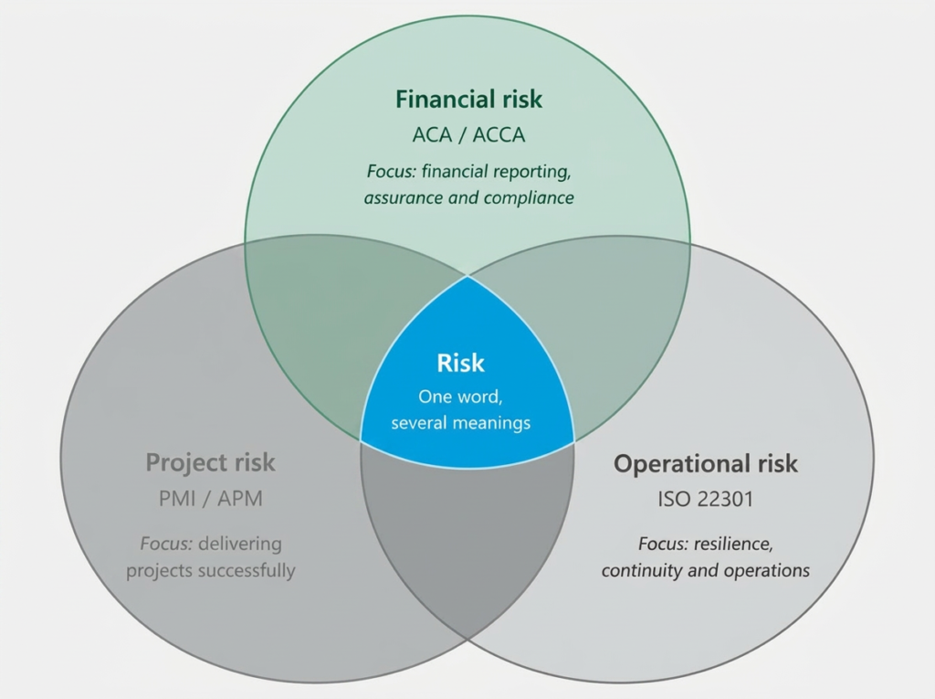 Venn diagram showing three overlapping types of risk — financial risk (ACA/ACCA), project risk (PMI/APM) and operational risk (ISO 22301) — with their small area of overlap labelled 'Risk: one word, several meanings