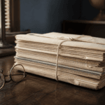 A bound stack of aged manila case files tied with string, beside a pair of reading glasses, on a wooden desk