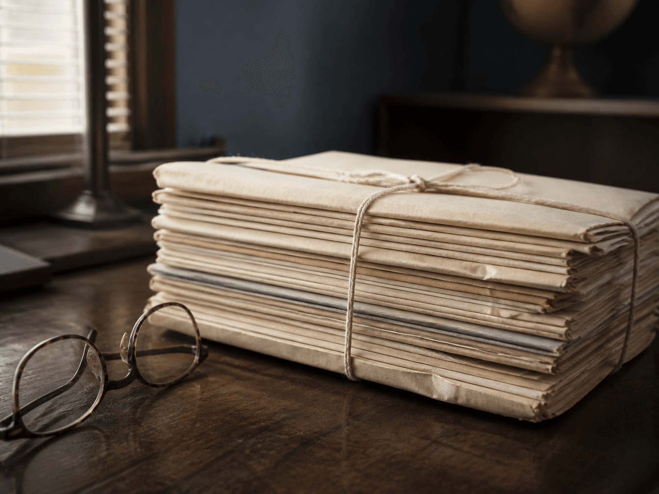 A bound stack of aged manila case files tied with string, beside a pair of reading glasses, on a wooden desk
