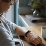 Close-up of a woman's wrist wearing a fitness tracker at a kitchen table, illustrating everyday wearable data collection