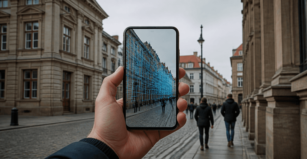 Smartphone capturing an augmented reality scan of a city street, illustrating spatial data collection for AI training