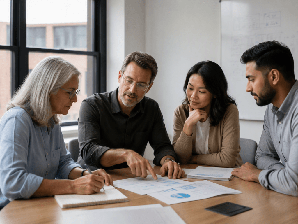 A small business leadership team of four reviews a recovery plan together around a meeting table, discussing priorities calmly and analytically