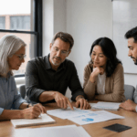 A small business leadership team of four reviews a recovery plan together around a meeting table, discussing priorities calmly and analytically
