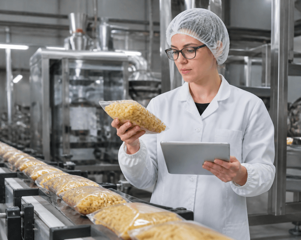 Quality inspector checking packaged pasta on a production line with a tablet