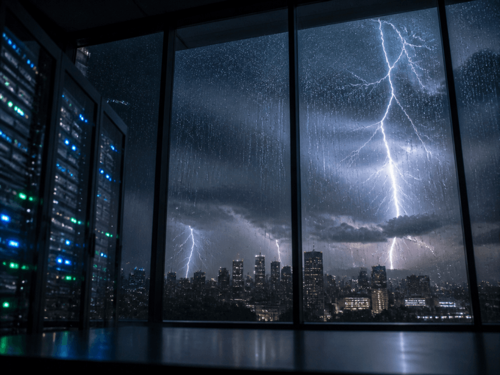 A server room with glowing status lights in the foreground, viewed through a rain-streaked window at a lightning storm over a city skyline at night