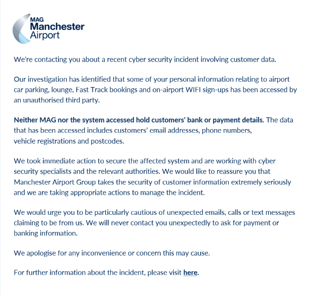 Screenshot of Manchester Airport Group's customer email notifying passengers that car parking, lounge, Fast Track and WiFi data was accessed in a cyber security incident.