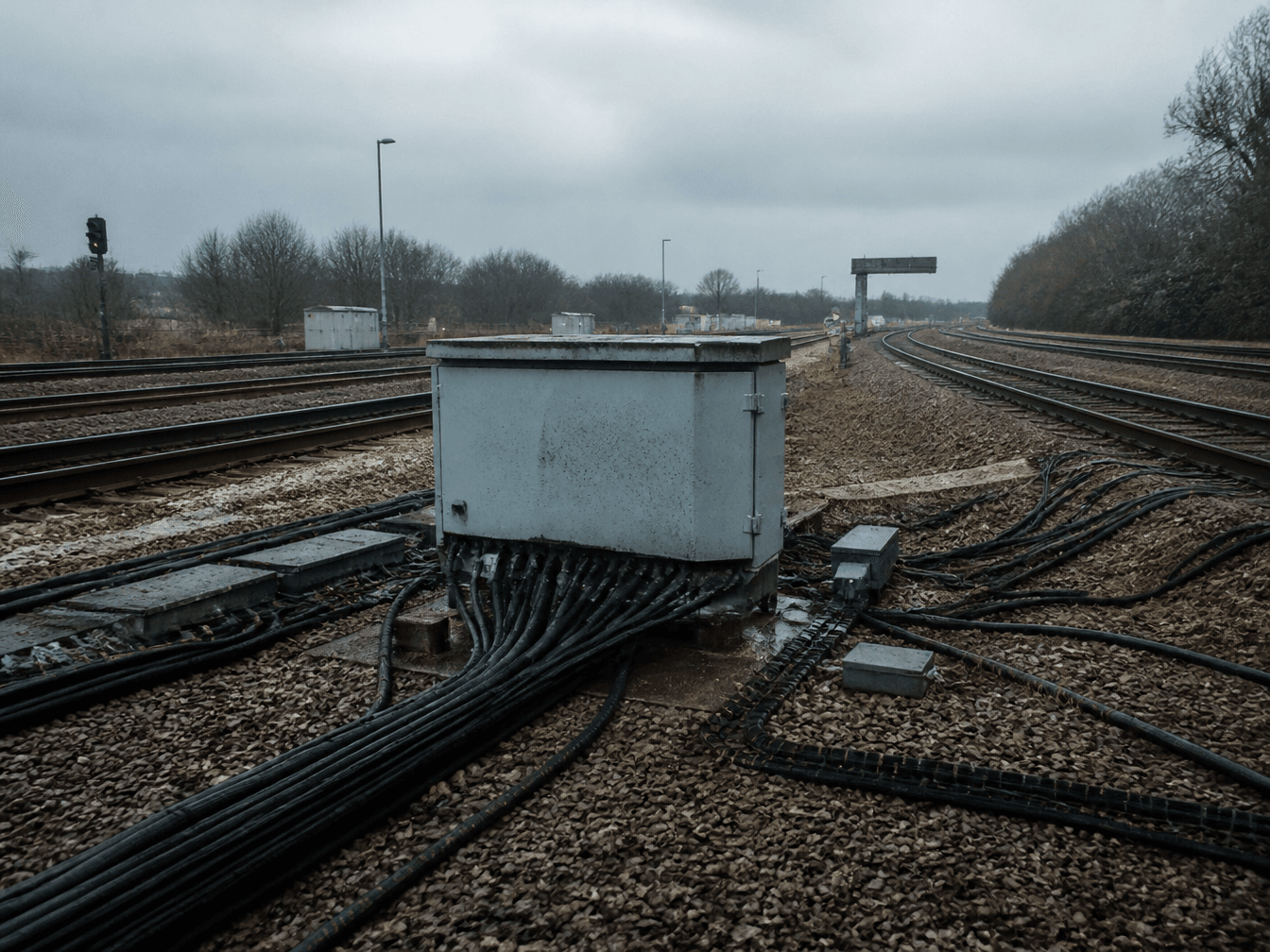 Grey trackside cabinet with dozens of black signalling cables fanning out into cable troughs beside a curving railway junction on an overcast day