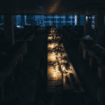A darkened open-plan office at night, every desk empty and unlit except a single row still working under lamplight, city skyline visible through the windows.