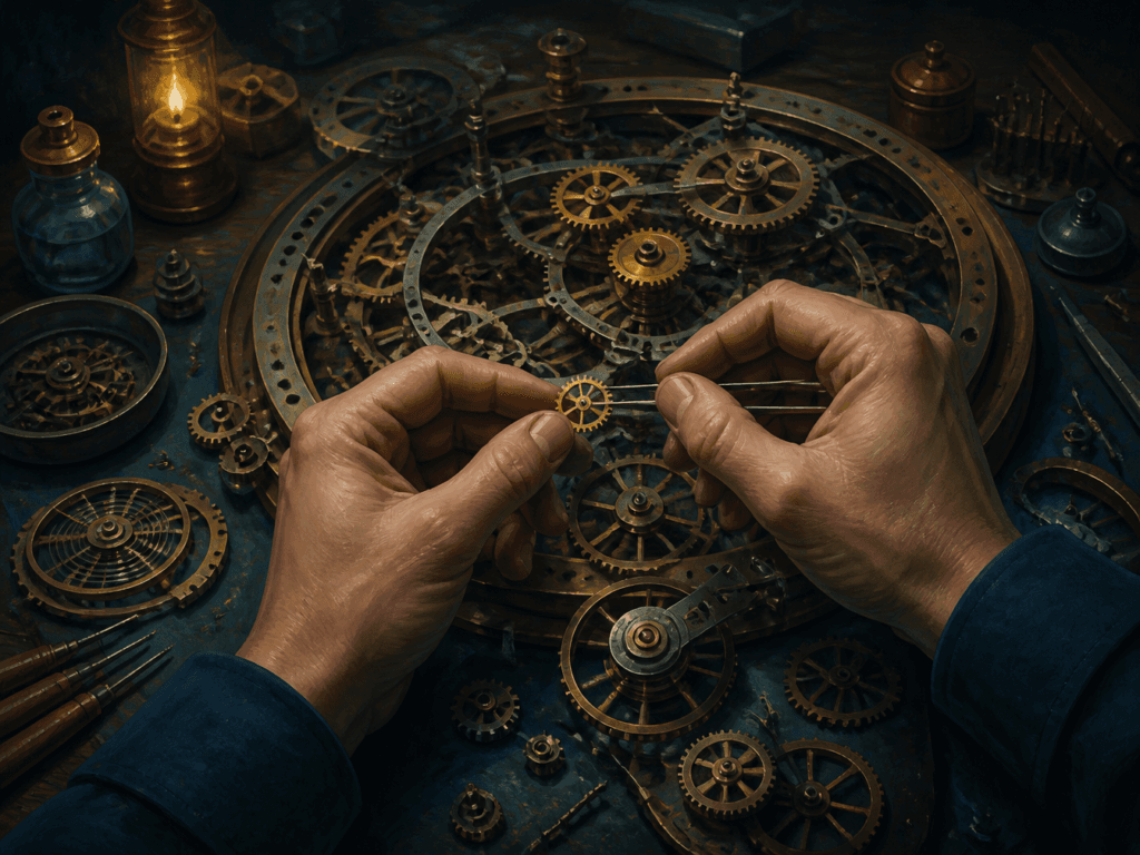 Close-up of hands adjusting a small brass gear within a larger, intricate clockwork mechanism