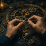 Close-up of hands adjusting a small brass gear within a larger, intricate clockwork mechanism