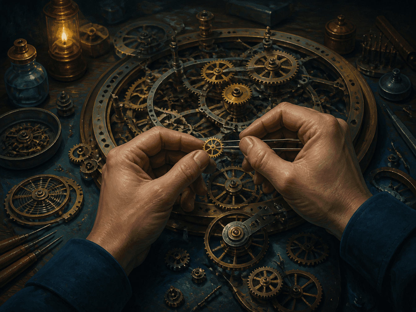 Close-up of hands adjusting a small brass gear within a larger, intricate clockwork mechanism