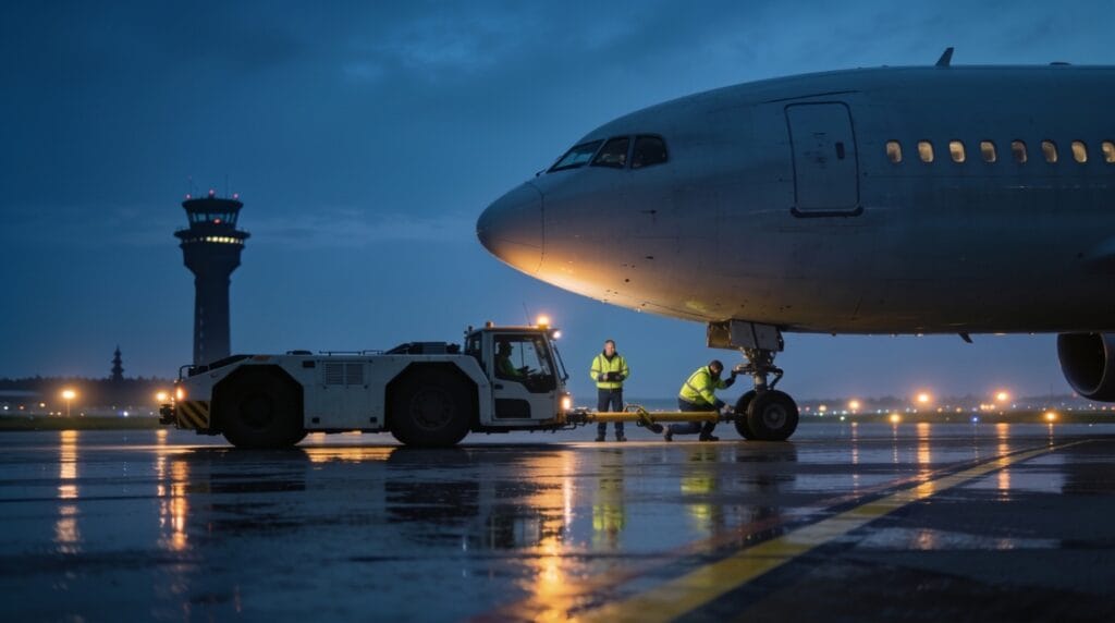 Ground crew repositioning an aircraft on a wet airport apron at dusk, with an air traffic control tower in the background