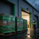 Warehouse worker checking stock levels beside wrapped pallets, part of the UK's food supply chain, as storm clouds gather overhead