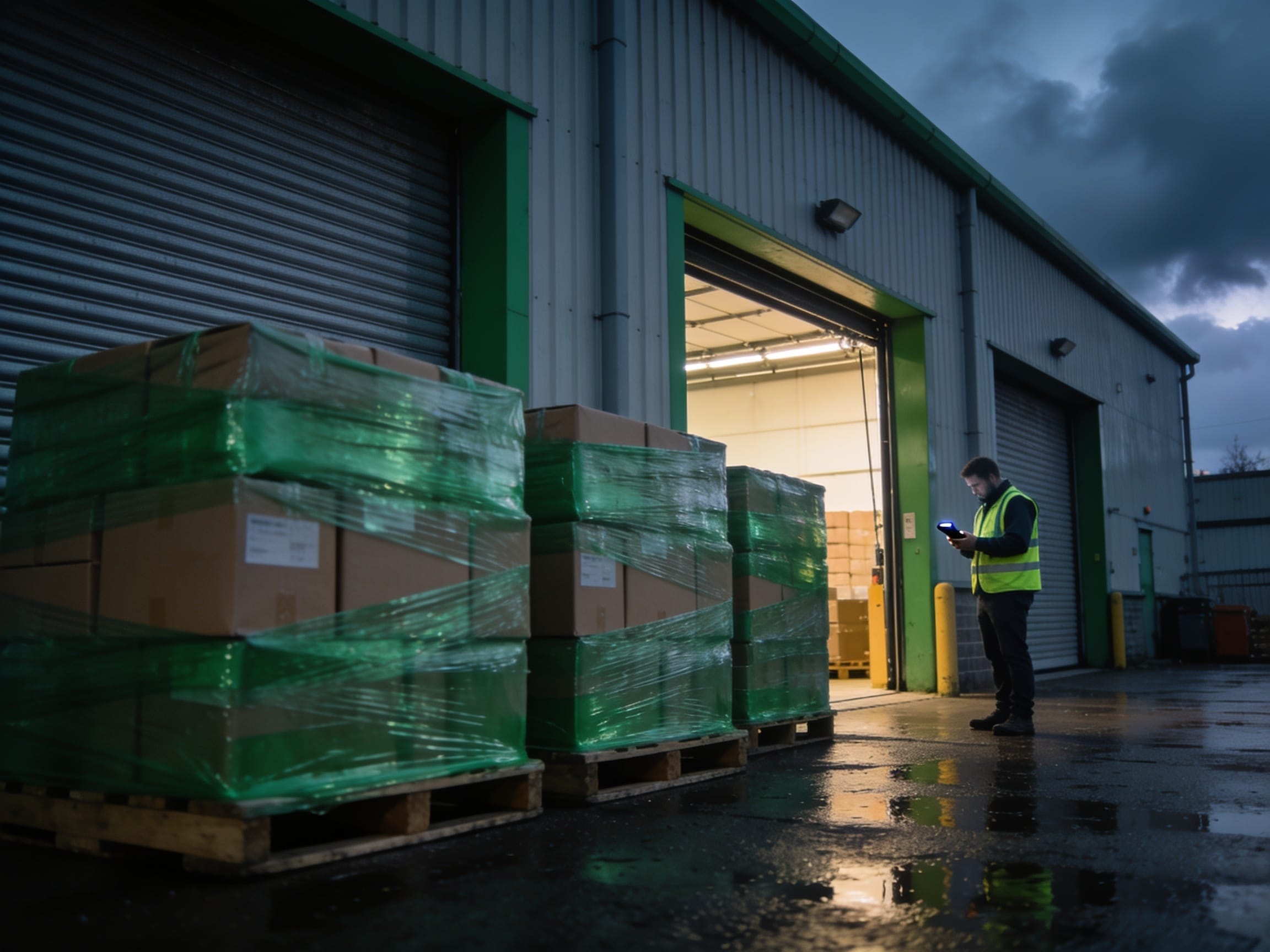 Warehouse worker checking stock levels beside wrapped pallets, part of the UK's food supply chain, as storm clouds gather overhead