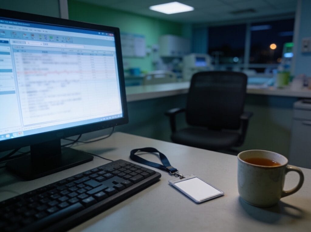 Empty chair and staff lanyard beside a hospital computer showing a patient record with an access alert, after NHS snooping suspension
