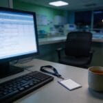 Empty chair and staff lanyard beside a hospital computer showing a patient record with an access alert, after NHS snooping suspension