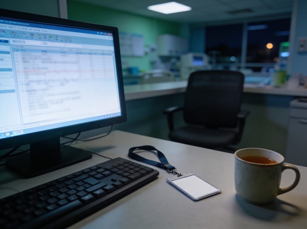 Empty chair and staff lanyard beside a hospital computer showing a patient record with an access alert, after NHS snooping suspension