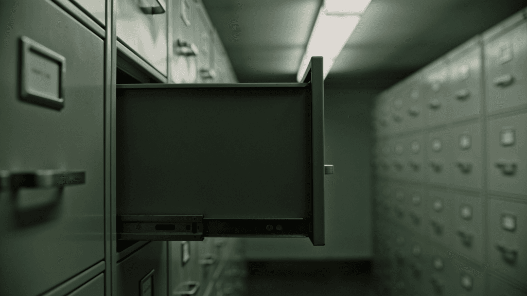 An empty drawer pulled open from a long row of grey metal filing cabinets in a dimly lit storage room