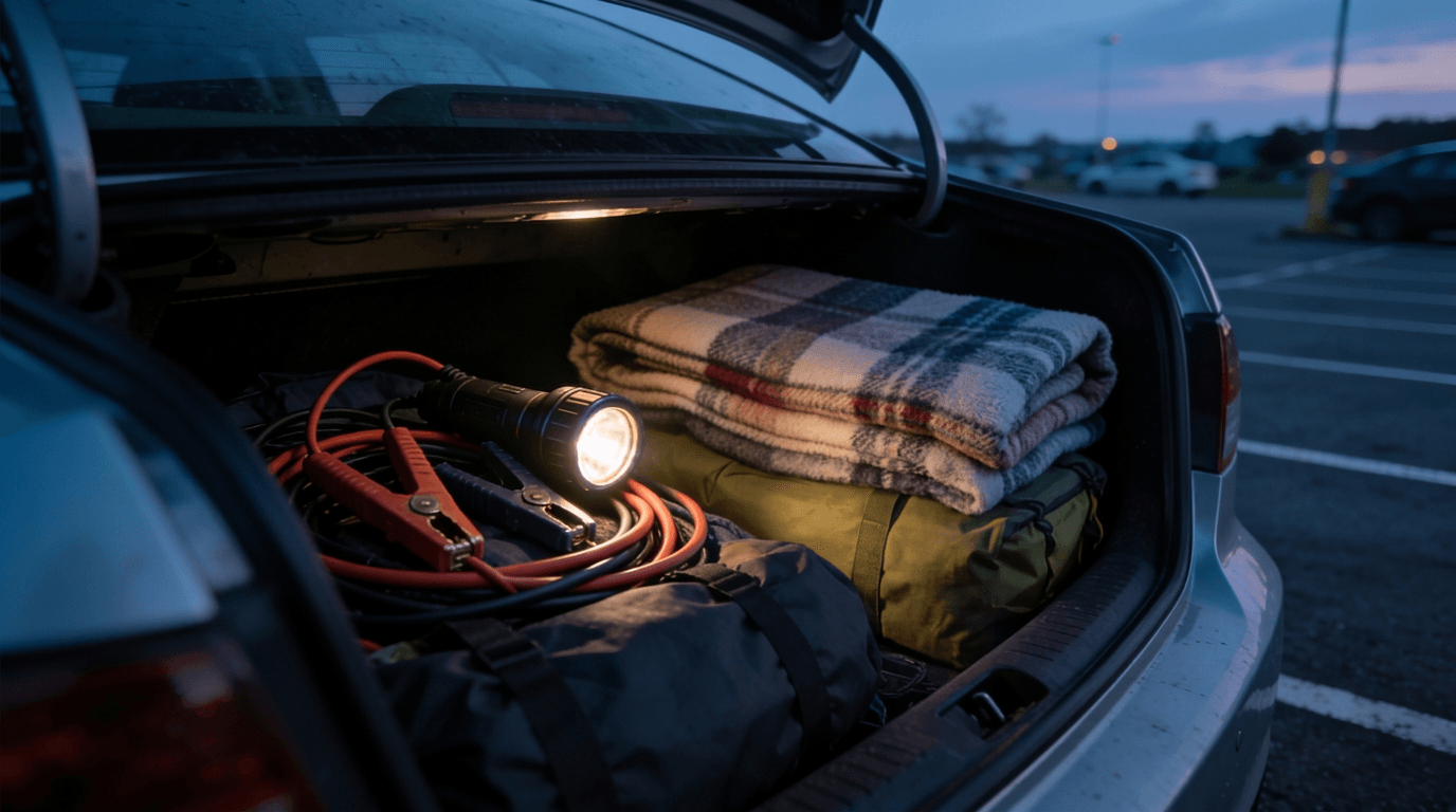 Open car boot at dusk packed with jump leads, a torch and a blanket, the government's winter car kit advice