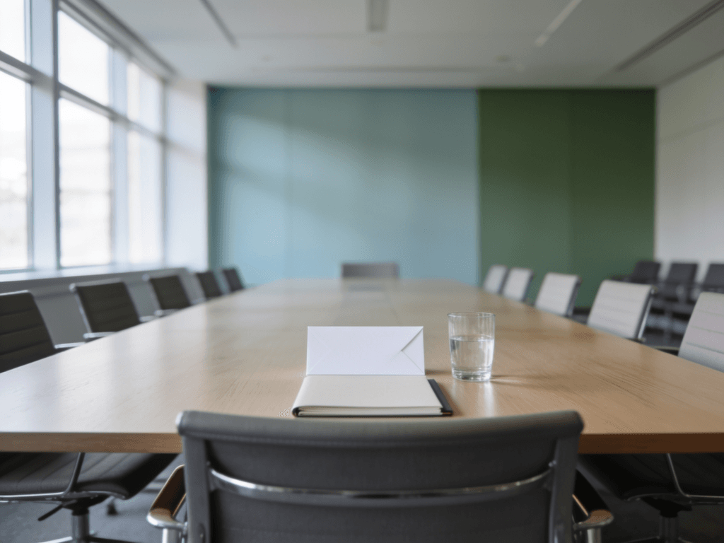 An empty chair at the head of a long boardroom table, with an unopened envelope, a notebook and a glass of water set out in front of it.