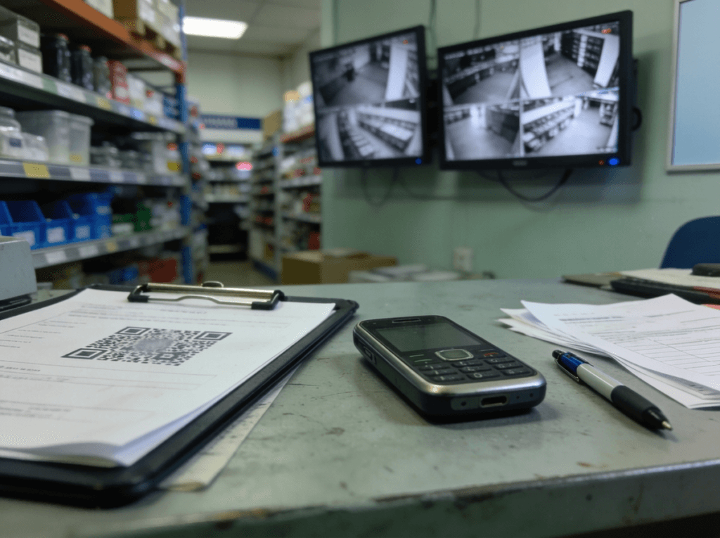 Retail stockroom CCTV monitors beside a QR code on a clipboard, illustrating a shadow IT workaround that bypassed data protection sign-off