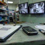 Retail stockroom CCTV monitors beside a QR code on a clipboard, illustrating a shadow IT workaround that bypassed data protection sign-off