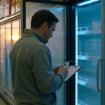 A supermarket worker uses a probe thermometer and clipboard to check the temperature of empty, fogged-up freezer cabinets, with the aisle closed off, after a cyber attack on the store’s refrigeration systems