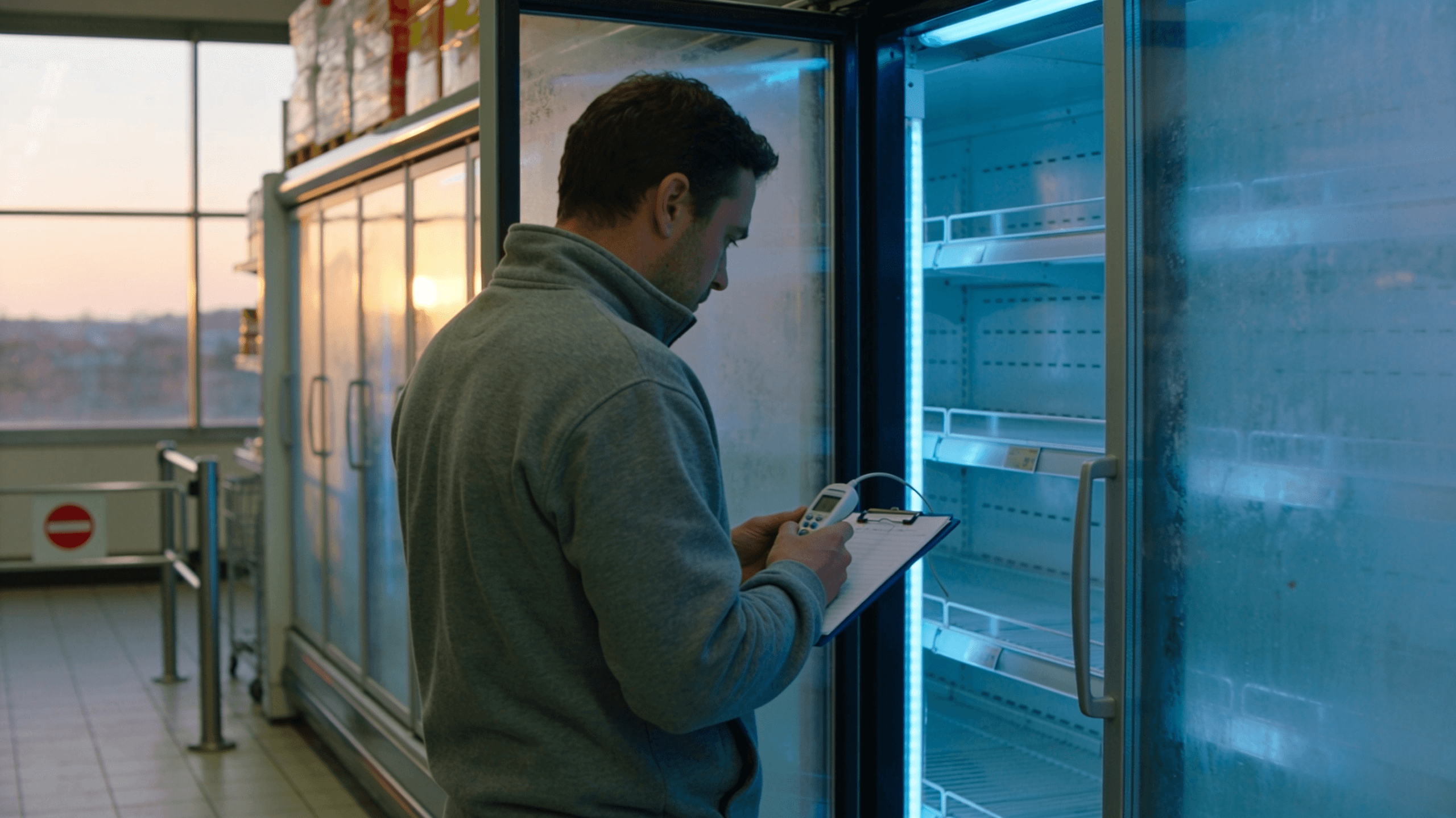 A supermarket worker uses a probe thermometer and clipboard to check the temperature of empty, fogged-up freezer cabinets, with the aisle closed off, after a cyber attack on the store’s refrigeration systems