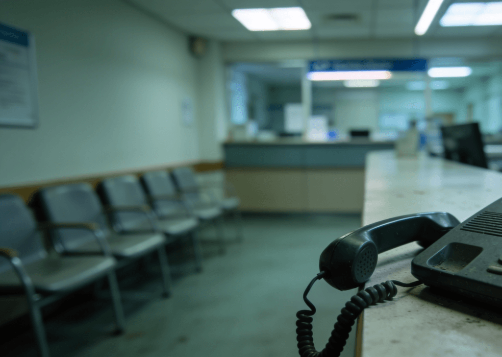 An empty GP surgery waiting room after hours, with a desk telephone handset lying off the hook on the reception counter